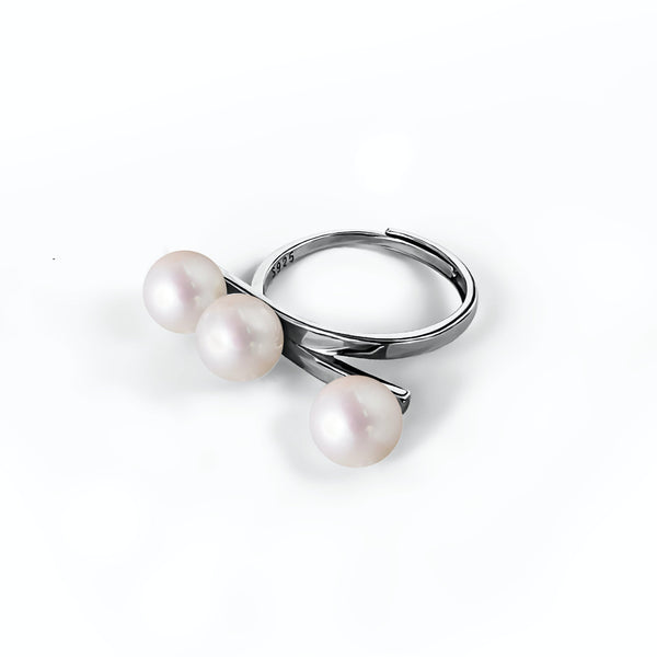 Bague 3 Perles de Culture d'Eau Douce blanche 6 mm  alignées sur anneau en Argent 925  Taille Ajustable