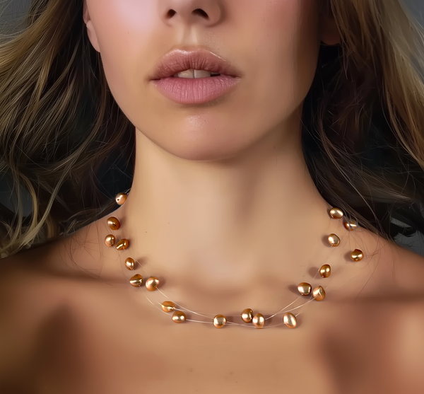 Collier Constellation perles d’eau douce dorées sur fil de nylon et argent 925.