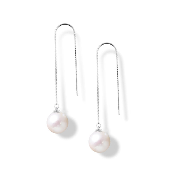 Boucles d'Oreilles  Perles de Culture d'eau douce blanche de 10 mm de diamètre Pendentif sur longue chaine  Argent 925