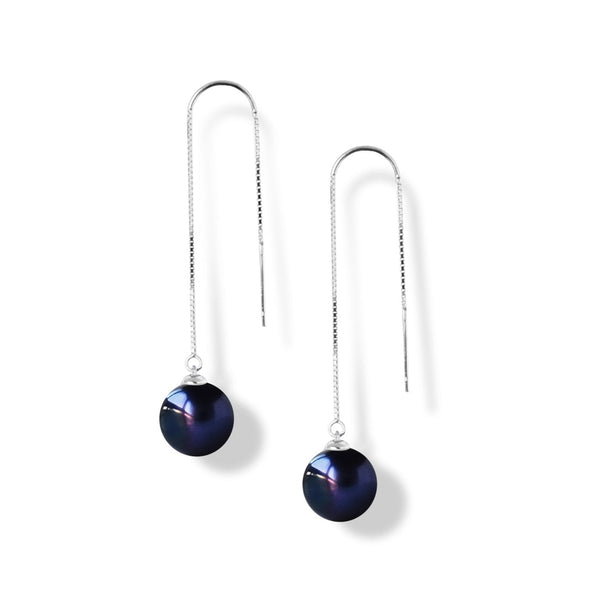 Boucles d’oreilles pendule perfection, fine chaîne serpentine en argent 925 avec perle de culture d’eau douce ronde noire avec reflet de 10mm en pendentif
