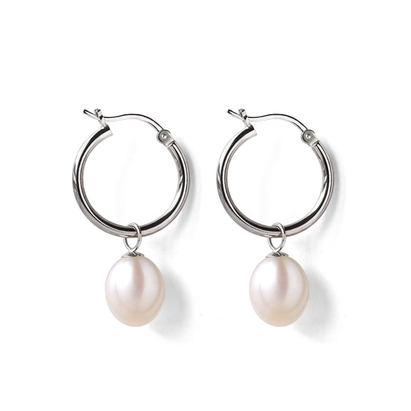 Boucles d’oreilles créoles pendentif neige avec perle ovale 1 0mm  de cultures d’eau douce blanche, forme créole et fermoir en argent 925