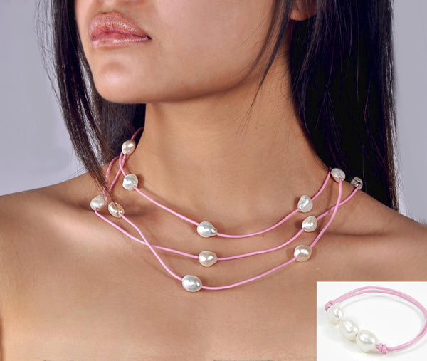Ensemble Collier et Bracelet  Perles de Culture d'Eau Douce  Cuir