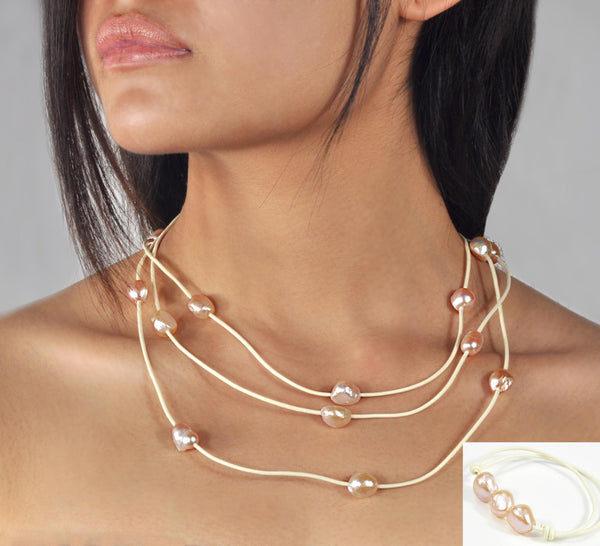 Ensemble Collier et Bracelet 120cm Perles de Culture d'Eau Douce  Cuir