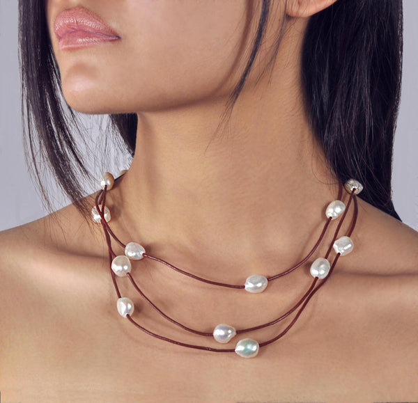 Collana e bracciale in pelle cioccolato "Boheme" - Snow