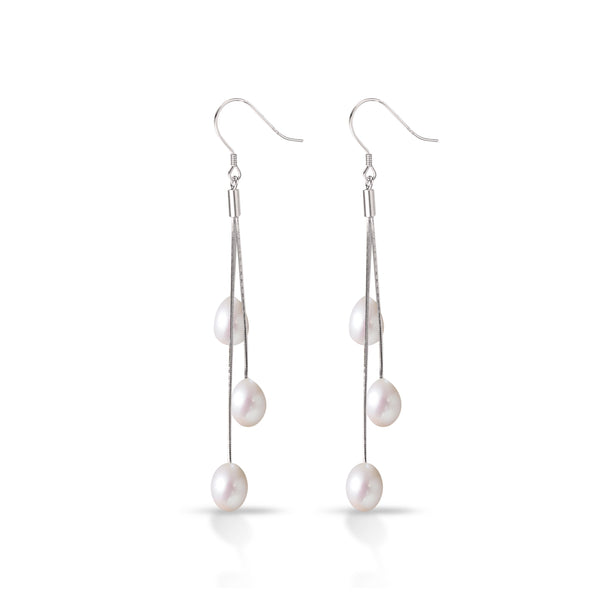 Boucles d'Oreilles  3 Perles de Cutures d'Eau Douce  de couleur blanc nacré en forme de goutte 7mm Pendentif  fermoir et chaînette en Argent 925