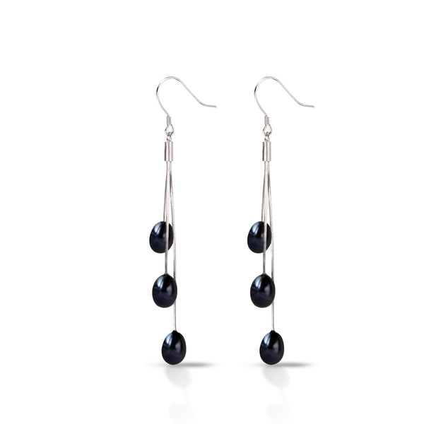 Boucles d'Oreilles  3 Perles de Culture d'Eau Douce  de couleur noire  en forme de goutte taille 7mm montées sur Pendentif  fermoir et chainettes de 3 longueurs différentes en argent 925 