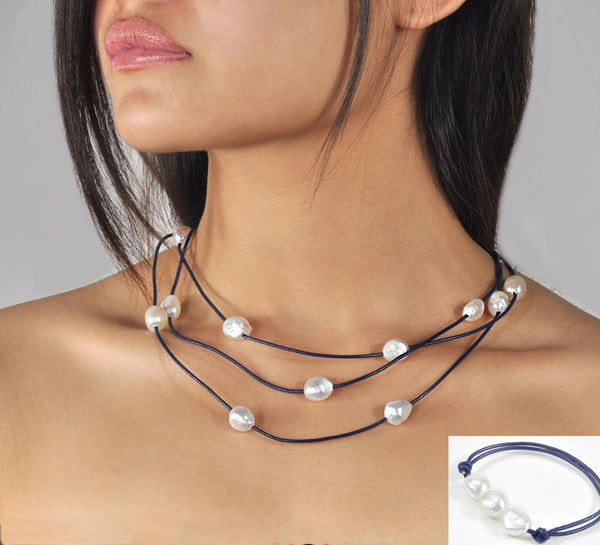 Ensemble Collier et Bracelet 120cm Perles de Culture d'Eau Douce  Cuir