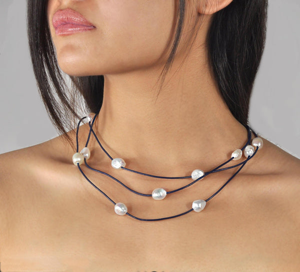 Necklace and bracelet "Boheme" Ocean Blue leather - Snow